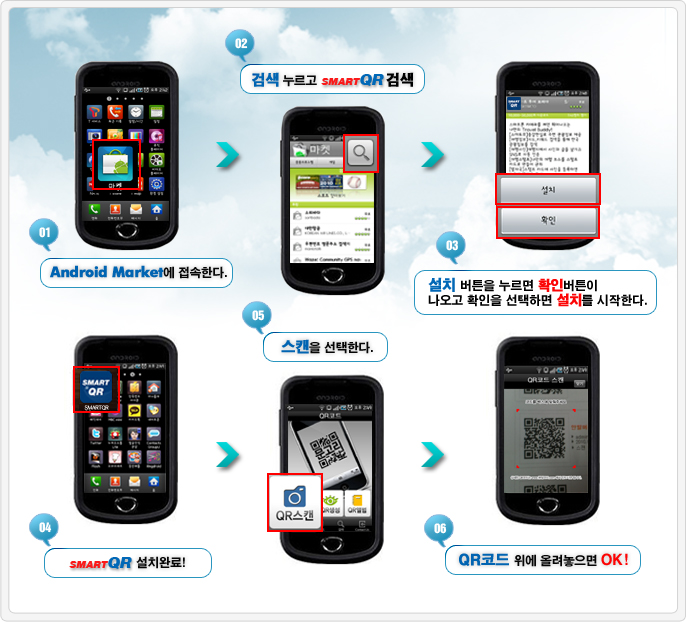 android market에 접속한다 - 검색 누르고 smartqr 검색 - 설치 버튼을 누르면 확인 버튼이 나오고 확인을 선택하면 설치를 시작한다 - smartqr 설치완료! - 스캔을 선택한다 - qr코드 위에 올려 놓으면 ok!